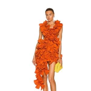 Aknvas for FWRD Burnt Orange Olive Ruffle Dress